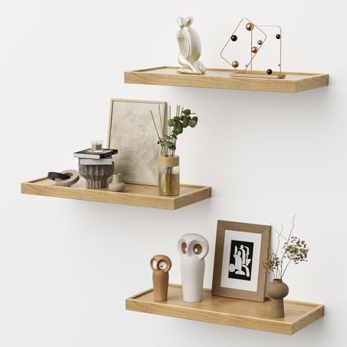 flycity wandregal 3er-set aus massivholz, schweberegal für küche, bad, wohnzimmer, hellbraun