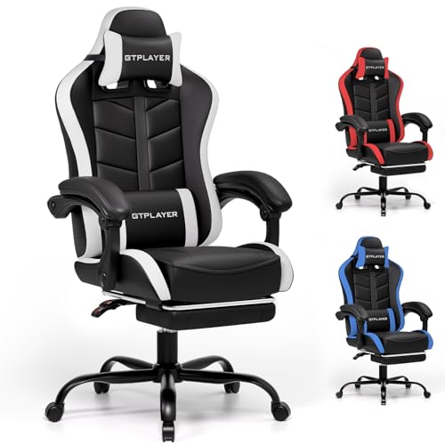 gtplayer gaming stuhl, ergonomischer gamer sessel mit fußstütze, weiß, 150kg