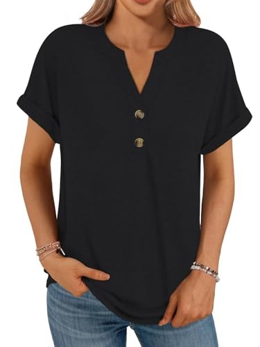 Cuptacc Damen Shirt Kurzarm V-Ausschnitt Oversize Kappelärmel Schwarz M