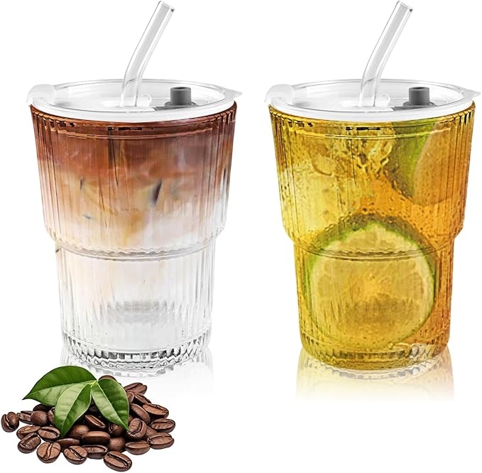 Produktbild: Orixo 400ml Glasbecher mit Deckel und Strohhalm, Eiskaffee, Matcha, Smoothie