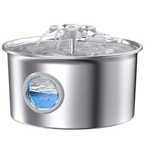 Produktbild: katzenbrunnen edelstahl 2.6l trinkbrunnen für katzen mit wasserstandsfenster - wasserfall design