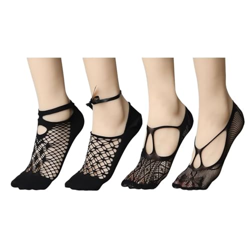 netzsocken damen 4er-pack schwarze spitzen-mesh socken mit lochmustern, atmungsaktiv, dehnbar