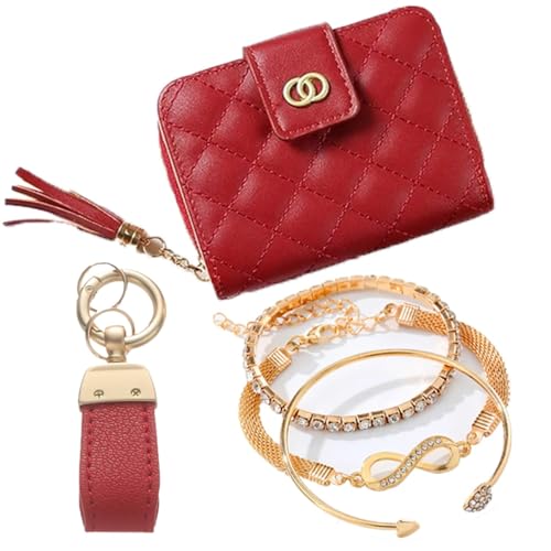 nakosite w2433 damen geschenkset geldbörse pu leder slim armbänder schlüsselanhänger rot