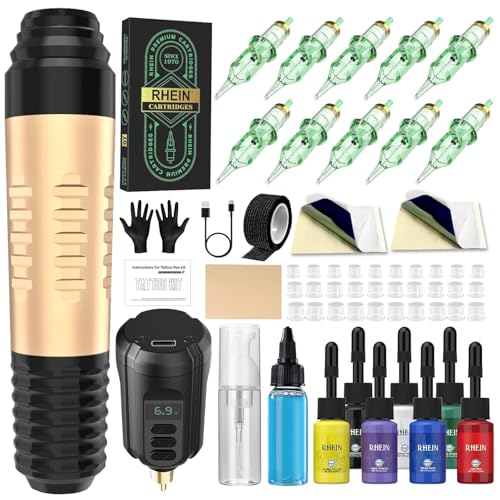 tattoo maschine set rhein 1500mAh akku 7 tattoo farben 10 nadeln zubehör