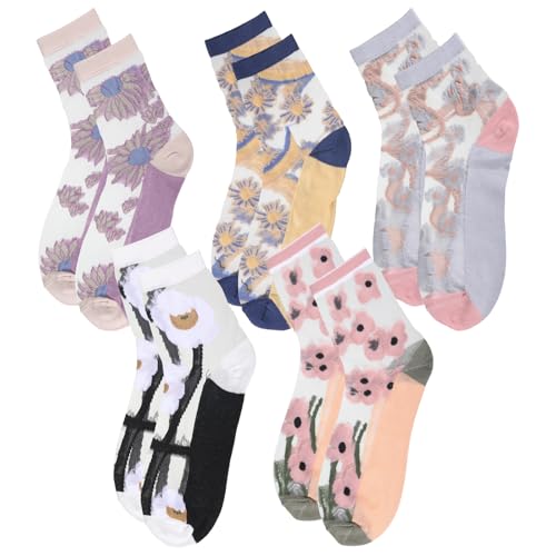wlertcop bunte damen socken 5 paar mit blumenmuster dünne mesh sommersocken