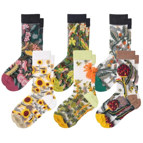 wlertcop bunte socken damen, lustige dünne sommer socken mit blumenmuster 6 paar