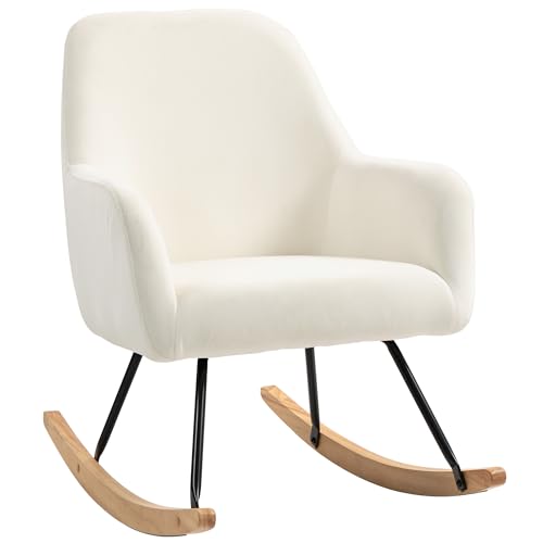 homcom schaukelstuhl mit armlehne, holzskids, velours-look, cremeweiß
