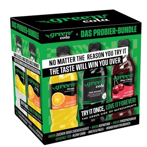 zuckerfreies colagetränk probierpaket 6x500ml  green limited edition  cola, orange, sour cherry, passion fruit, lemon, lemon lime