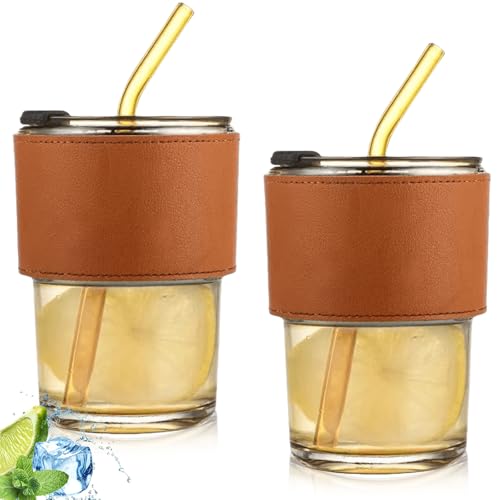 Produktbild: glas trinkgläser mit deckel 400ml 2er set, gomety smoothie becher mit halm amber