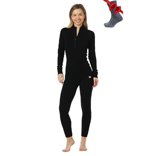 merino.tech 100% merino unterwäsche damen set langarm shirt hose wandersocken medium 250 schwarz
