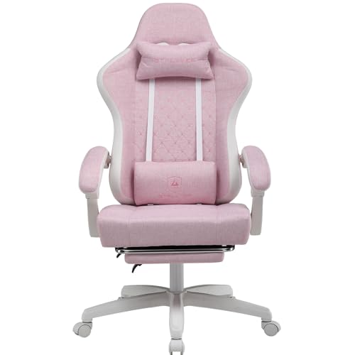 gaming stuhl LUCKRACER stoff mit fußstütze, ergonomisch, drehbar, weiß-rosa
