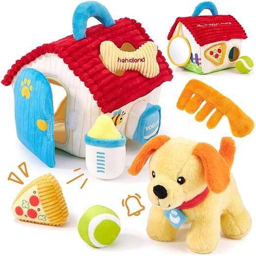 Plüsch Hund Baby Spielzeug Set, Montessori Rassel Spiegel & Formen, 6 Monate+