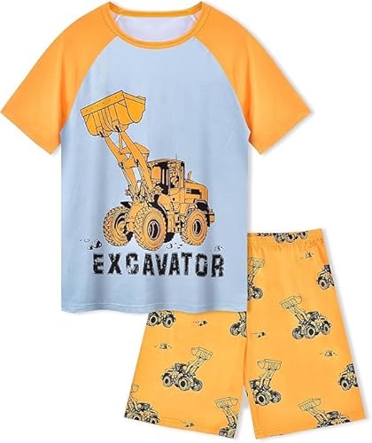 PASHOP Jungen Schlafanzug Sommer, zweiteilig kurzärmelig, 3-8 Jahre, gelber Bagger