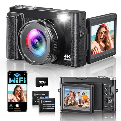 4k 64mp digitalkamera mit wlan, 16x digitalzoom, 180 flip screen, 32gb karte, 2 batterien