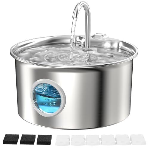 katzenbrunnen edelstahl 2.6l leise mit wasserstandsfenster und led licht, 6 aktivkohlefilter