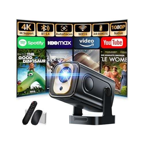 Mini Beamer 4K 1080P mit WiFi 6, Bluetooth 5.4, automatischer Trapezkorrektur, schwarz