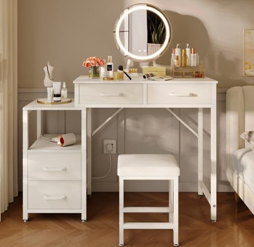 odk schminktisch mit verstellbarem led-spiegel, 4 schubladen, hocker, weiß, 80x40x130cm