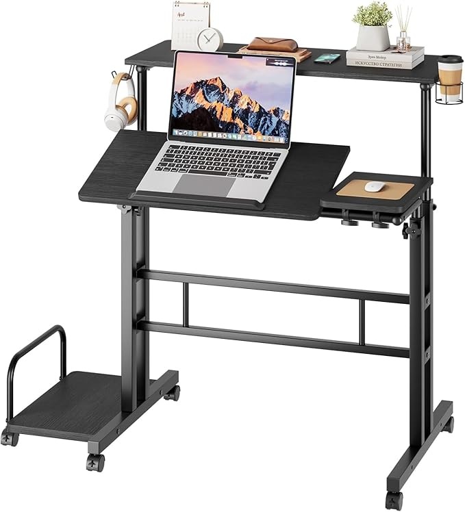 dripex höhenverstellbares stehpult mit rollen, mobiler sitz-steh schreibtisch 80x60cm schwarz