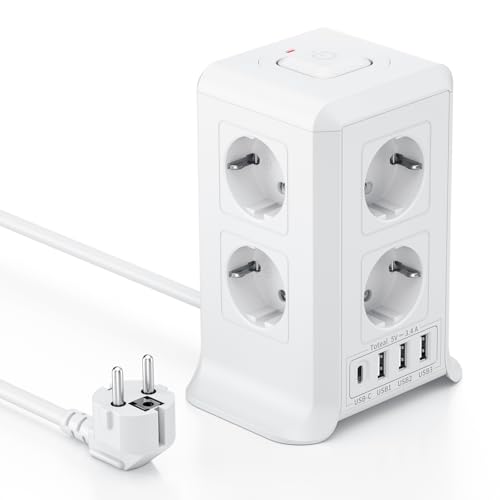 mehrfachsteckdose 8-fach mit usb-c und schalter, steckdosenleiste 2m mit überspannungsschutz