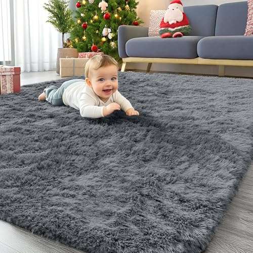 Homaxy Hochflor Teppich Waschbar Anti-Rutsch Dunkelgrau 140x200 cm Wohnzimmer Schlafzimmer