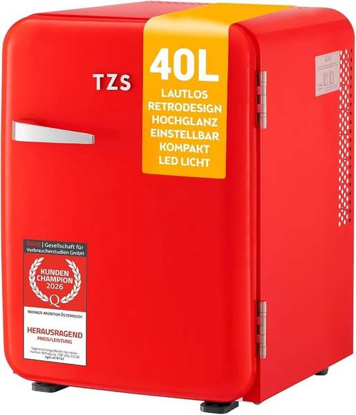 Retro Mini Kühlschrank 40L TZS First Austria - Lautlos - Vintage Minibar rot