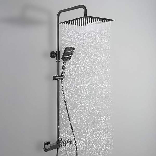 Produktbild: Auralum Duschsystem Schwarz mit 30cm Regendusche, Handbrause und Duschstange 88-124cm