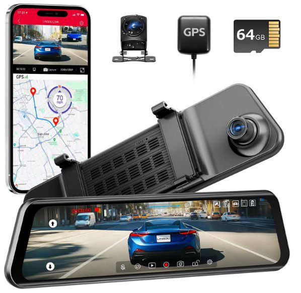 Produktbild: LINGDU 12 Zoll 4K Rückspiegel Dashcam mit Rückkamera, GPS und Speicherkarte, 79,99