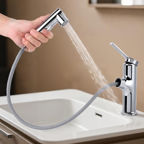 Produktbild: waschbeckenhahn mit ausziehbarem sprühgerät, mischbatterie für heißes und kaltes wasser