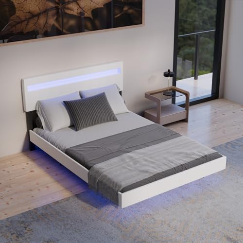 Produktbild: juskys schwebebett 140x200 cm weiß, polsterbett mit led und lattenrost
