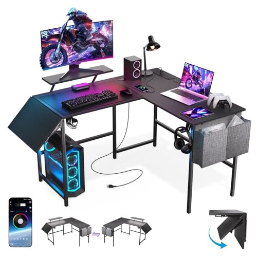 vidateco gaming tisch mit led-leuchten, eckschreibtisch, 120-150cm, schwarz