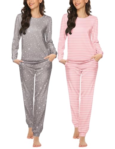Ekouaer Schlafanzug Damen Lange Pyjama 2 Teile Frottee Stern Gestreift S