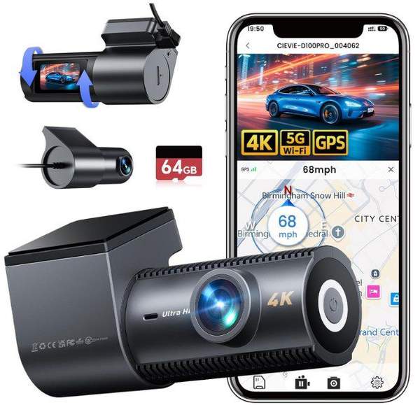 dashcam cievie d100 pro 4k 1080p mit gps und wifi für 69,99 euro