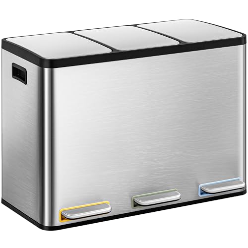 Hzuaneri Mülleimer Küche 45L, 3-Fächer Mülltrennsystem, Edelstahl, Tretmülleimer