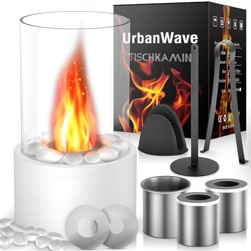 tischkamin bio-ethanol mit 2 flammenringen für indoor und outdoor, weiß