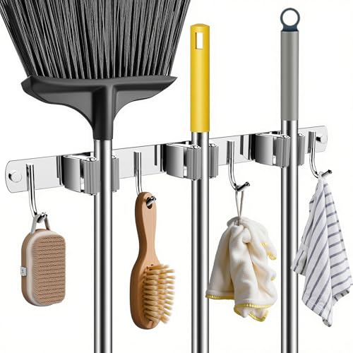 housolution wandhalter für mop und besen, selbstklebend, mit haken und regalen, organizer