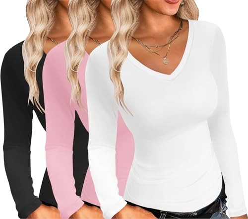 Ekouaer Damen Langarmshirt V-Ausschnitt Thermo Slim Fit Unterhemd S-XXL 3er Pack