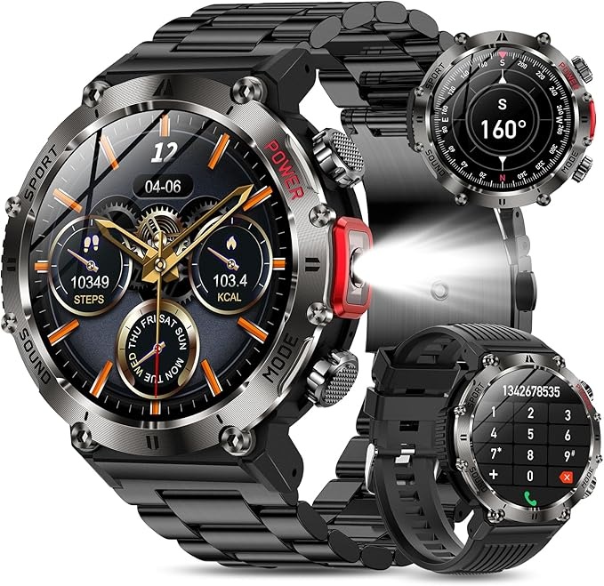 Lgnitek Herren Militär Smartwatch 1,43'' HD, Kompass, Herzfrequenz, SOS-Notruf