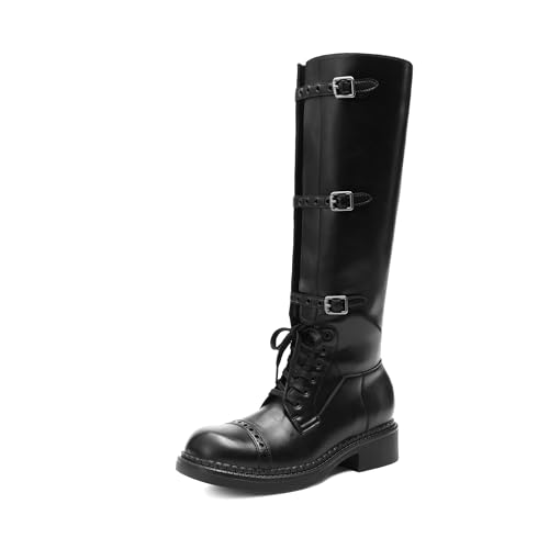 damen kniehohe stiefel mit schnürung, blockabsatz, biker stil, schwarz, dream pairs, größe 38