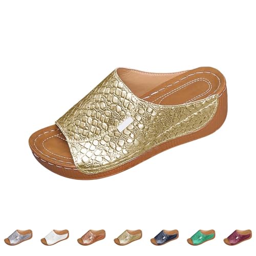 Orthopädische Sandalen Damen, Leder, offen, Bogenstütze, Keilabsatz, Outdoor