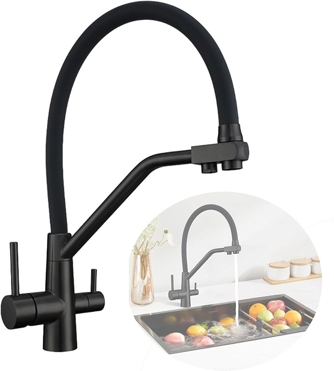 3-Weg Wasserhahn Küche, Ausziehbar, 360 Schwenkbar, Schwarz, mit Trinkwasserfilter