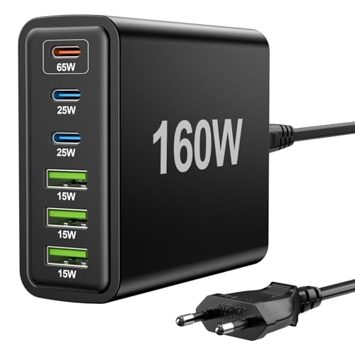 fnitaer 160w usb ladegerät 6 ports schnellladegerät usb c netzteil für laptop smartphone ipad schwarz