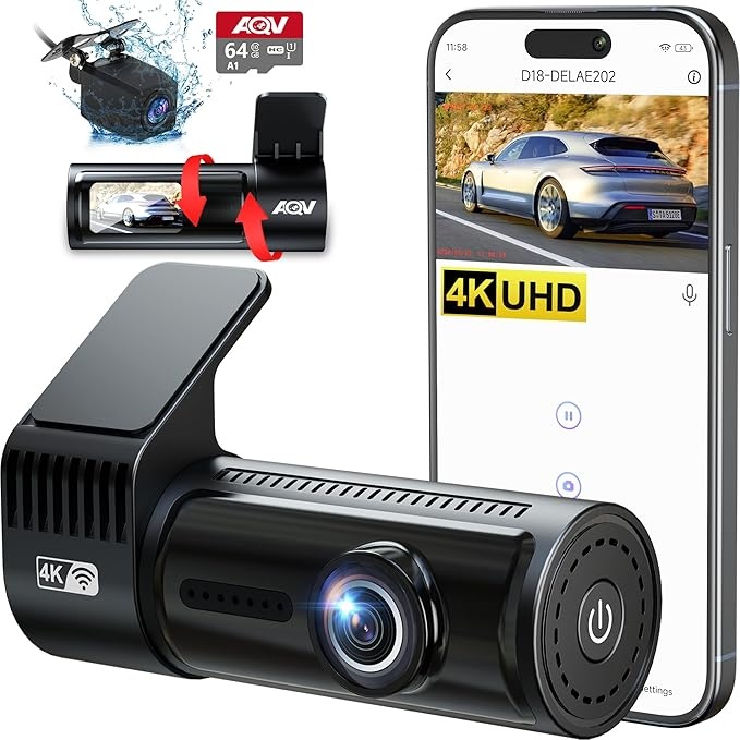 aqv dashcam 4k vorne hinten mit wifi, 64gb sd karte, g-sensor, nachtsicht, parküberwachung