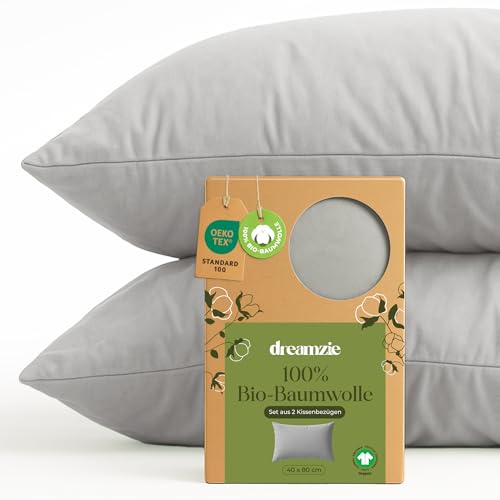 Produktbild: dreamzie 100% baumwolle kissenbezug 40 x 80 cm grau 2er set mit reißverschluss Oeko-Tex