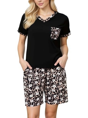 YUSHOW kurzschlafanzug damen mit v-ausschnitt, pyjamahose mit kordelzug, set