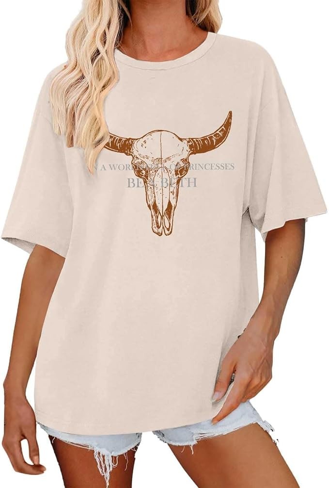 Oversize Shirt Damen Baumwolle Rundhals Kurzarm Vintage T-Shirt Fox Bedrucken