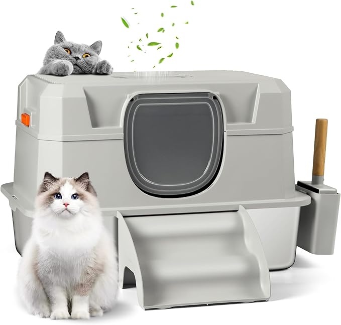 Edelstahl Katzenklo XXL mit Deckel, Abnehmbar, Schaufel, Katzentreppe, Hellgrau