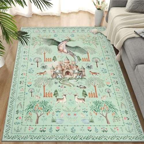 Drachen Teppich 120x180cm Grün rutschfest waschbar Boho Kurzflor für Kinderzimmer
