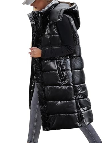 Damen Weste Lang mit Kapuze, Steppweste Übergang, Ärmellos, Winterjacke