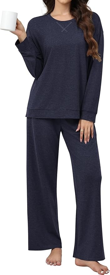 Ekouaer Damen Schlafanzug Lang Pyjama Set Weite Beine Loungewear Marineblau M