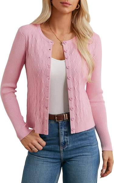 Damen Cardigan Langarm Rosa Kurz Strickjacke Button Down Freizeit L